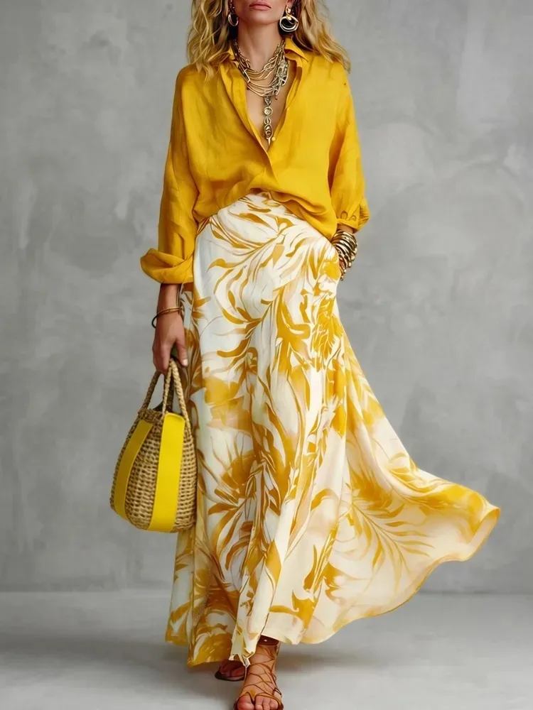 Yeezzi 2026 New Summer Bohemian Vacation Skirts Sets Women Long Sleeves Lapel Shirts & Floral Printed High Waisted Maxi Skirt
Yeezzi 2026 New Summer Bohemian Vacation Skirts Sets Women Long Sleeves Lapel Shirts & Floral Printed High Waisted Maxi Skirt