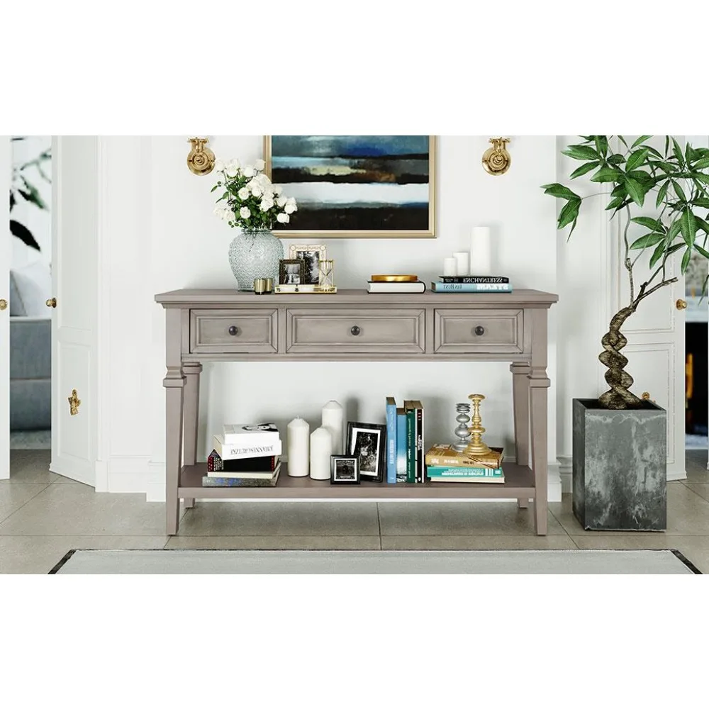 Classic Retro Style Console Table with Three Top Drawers and Open Style Bottom Shelf, Easy Assembly (Gray Wash), Console Tables
Classic Retro Style Console Table with Three Top Drawers and Open Style Bottom Shelf, Easy Assembly (Gray Wash), Console Tables