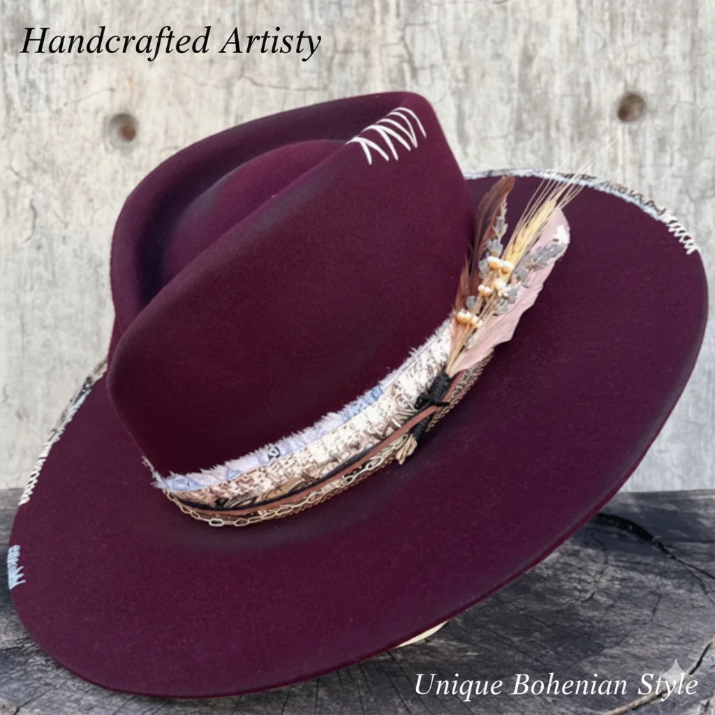 Vintage Burgundy Wide Brim Wool Felt Fedora Hat Distressed Feather Decor For Women And Men Fall Winter Outdoor Cowboy Party
Vintage Burgundy Wide Brim Wool Felt Fedora Hat Distressed Feather Decor For Women And Men Fall Winter Outdoor Cowboy Party
