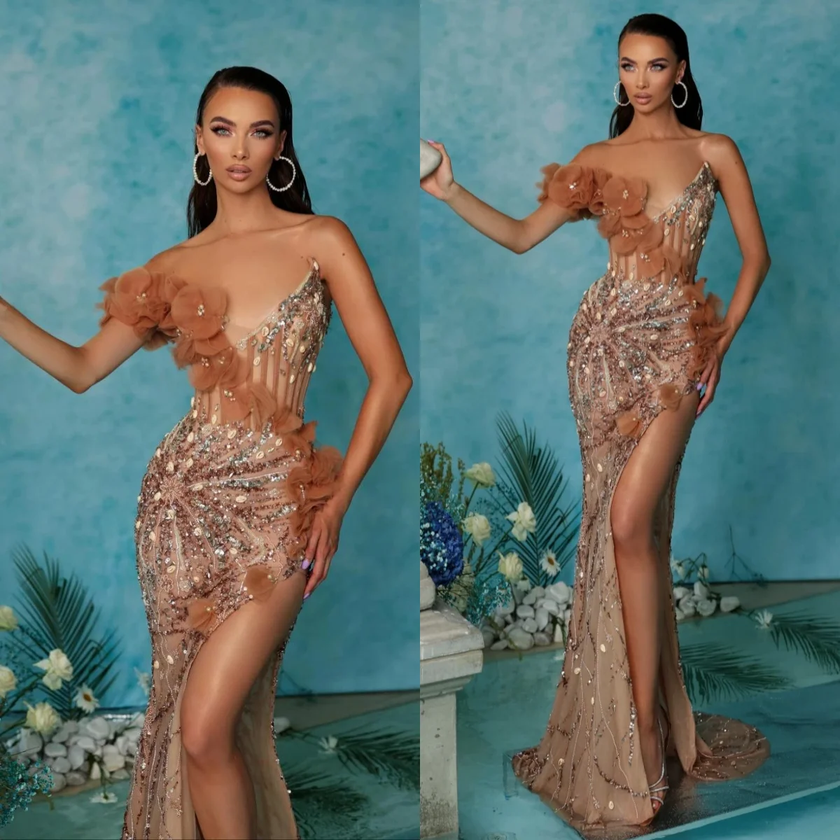 Sexy 3D Flowers Mermaid Prom Gowsn Off Shoulder Sleeveless Evening Dresses Crystals Beaded Dinner Party Customized
Sexy 3D Flowers Mermaid Prom Gowsn Off Shoulder Sleeveless Evening Dresses Crystals Beaded Dinner Party Customized