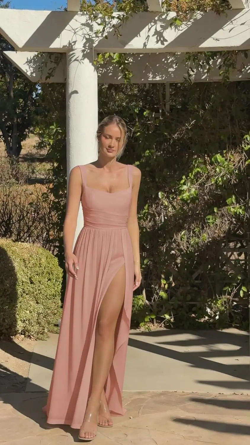 Women's Long Chiffon Bridesmaid Dresses Square Neck Spaghetti Straps Pleated Evening Formal Gown with Slit Ruffle Party Dresses
Women's Long Chiffon Bridesmaid Dresses Square Neck Spaghetti Straps Pleated Evening Formal Gown with Slit Ruffle Party Dresses