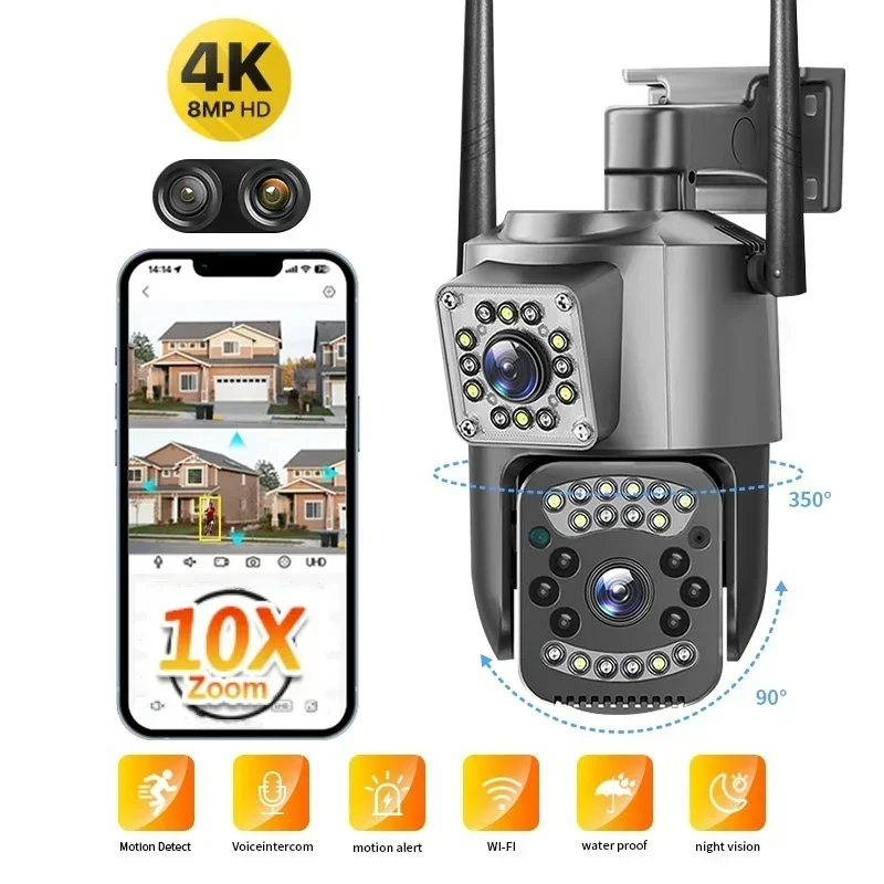 8MP 4K 10X Zoom PTZ Wifi Camera Dual Lens with Dual Screen Outdoor Wifi Surveillance Cameras Ai Human Detect Light Alarm Cam
8MP 4K 10X Zoom PTZ Wifi Camera Dual Lens with Dual Screen Outdoor Wifi Surveillance Cameras Ai Human Detect Light Alarm Cam