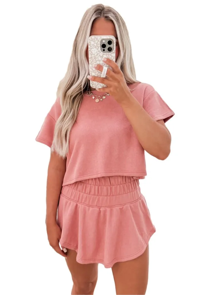 Spring And Summer New Solid Color Short Skirt Two-piece Set For Women 2025 Simple And Versatile Fashion Casual Suit For Women 
Spring And Summer New Solid Color Short Skirt Two-piece Set For Women 2025 Simple And Versatile Fashion Casual Suit For Women