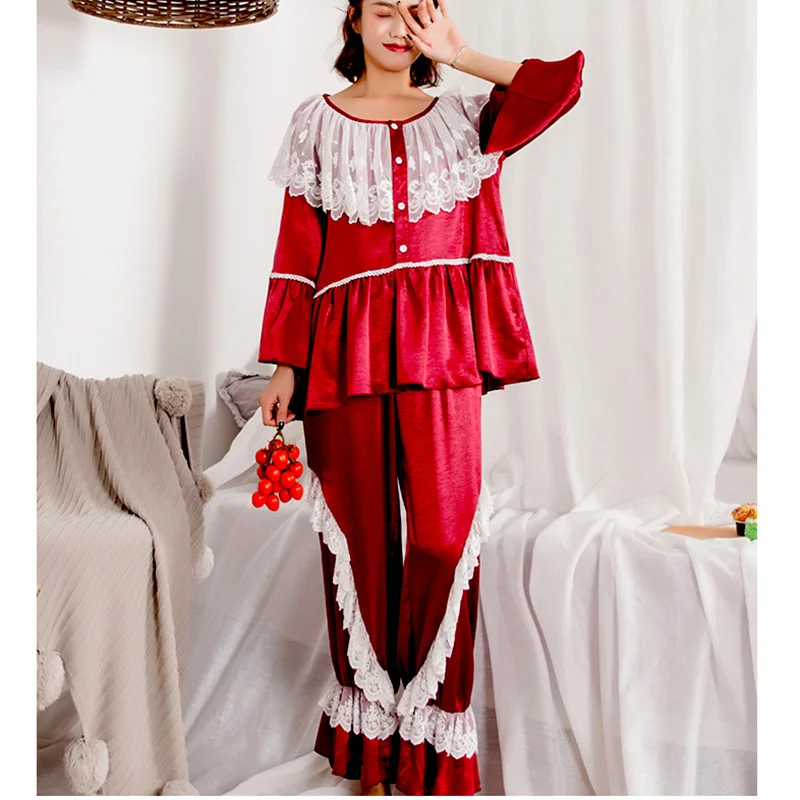 Korean fashion Women's wine ice silk long Sleeved Princess Plus Size Home Clothes Pajama Set Lace satin flared sleeves
Korean fashion Women's wine ice silk long Sleeved Princess Plus Size Home Clothes Pajama Set Lace satin flared sleeves
