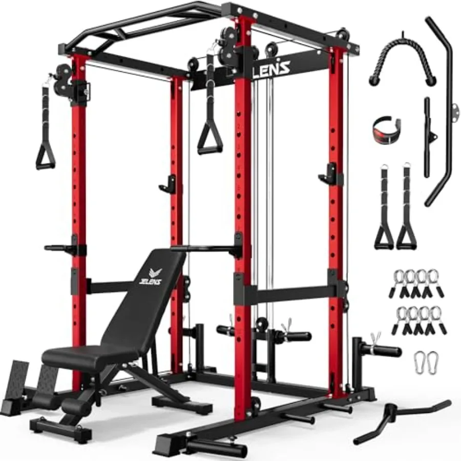 Home gym squat rack: steel, black, 2000LBS capacity with adjustable pulley system, LAT pulldown and training attachments
Home gym squat rack: steel, black, 2000LBS capacity with adjustable pulley system, LAT pulldown and training attachments