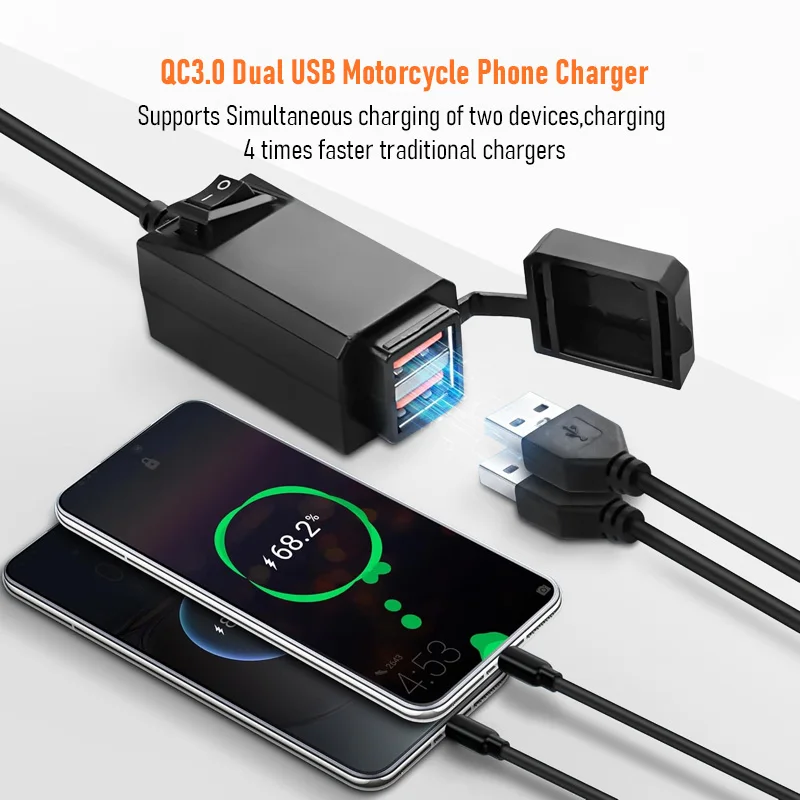 Универсальное водонепроницаемое USB-зарядное устройство для электронных мотоциклов, комплект быстрой зарядки QC3.0, совместимый с системами 12 В/24 В/48 В/60 В
Универсальное водонепроницаемое USB-зарядное устройство для электронных мотоциклов, комплект быстрой зарядки QC3.0, совместимый с системами 12 В/24 В/48 В/60 В