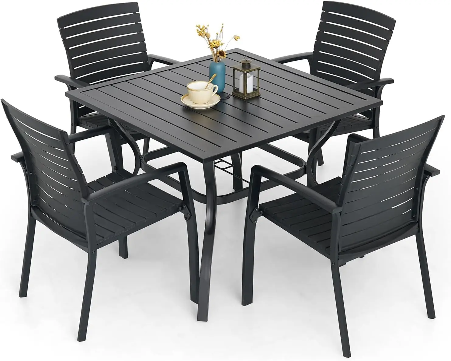 Обеденный набор для патио на открытом воздухе из 5 предметов, 4 штабелируемые стулья из алюминия/пластика и квадратный стол 35 дюймов, набор мебели для всепогодного каркаса - черный
Обеденный набор для патио на открытом воздухе из 5 предметов, 4 штабелируемые стулья из алюминия/пластика и квадратный стол 35 дюймов, набор мебели для всепогодного каркаса - черный