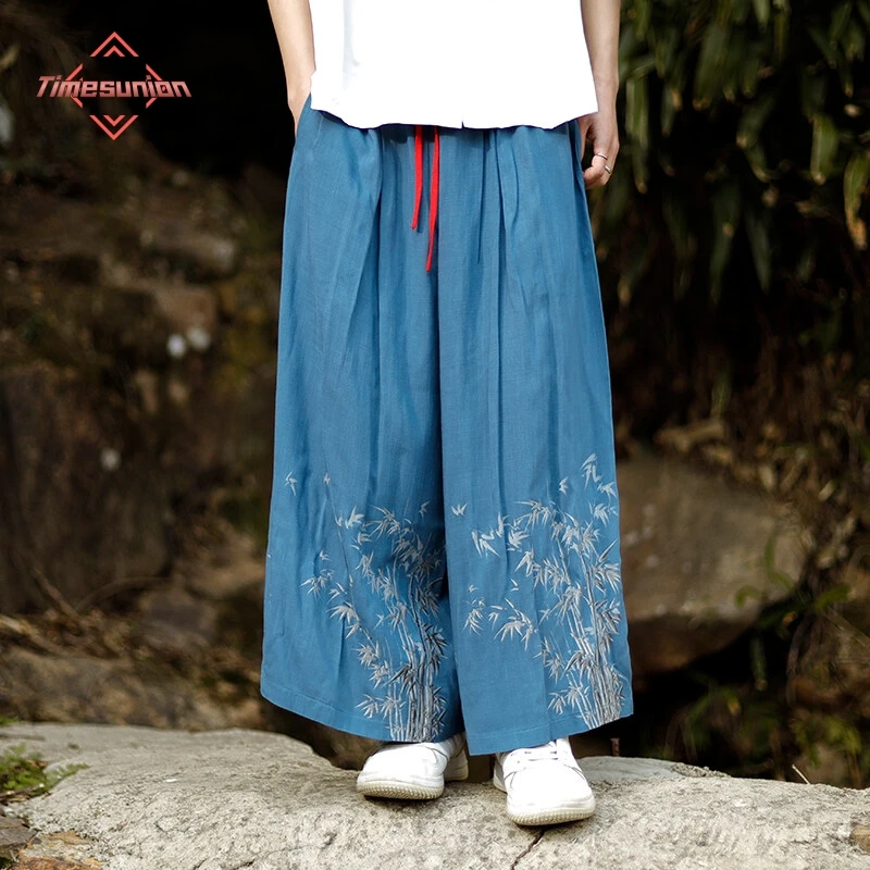 Chinese Style Men's Summer Pants Cotton Linen Bamboo Leaf Print Wide Leg Pants Women's Trousers Ankle-Length Pants
Chinese Style Men's Summer Pants Cotton Linen Bamboo Leaf Print Wide Leg Pants Women's Trousers Ankle-Length Pants