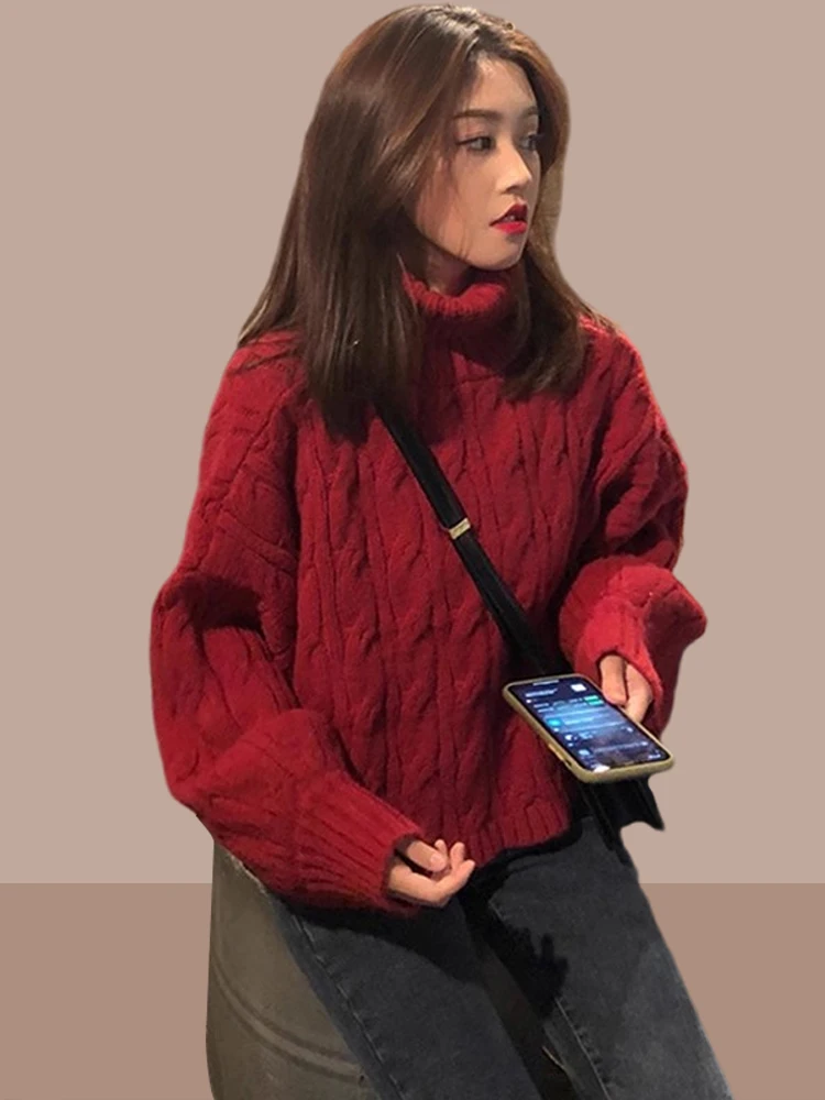 Red Thiened f High Collar Women's Knitted Sweater Lazy Sle Twist Autumn Winter New Arrival Comfortable Loose Fit Top
Red Thiened f High Collar Women's Knitted Sweater Lazy Sle Twist Autumn Winter New Arrival Comfortable Loose Fit Top