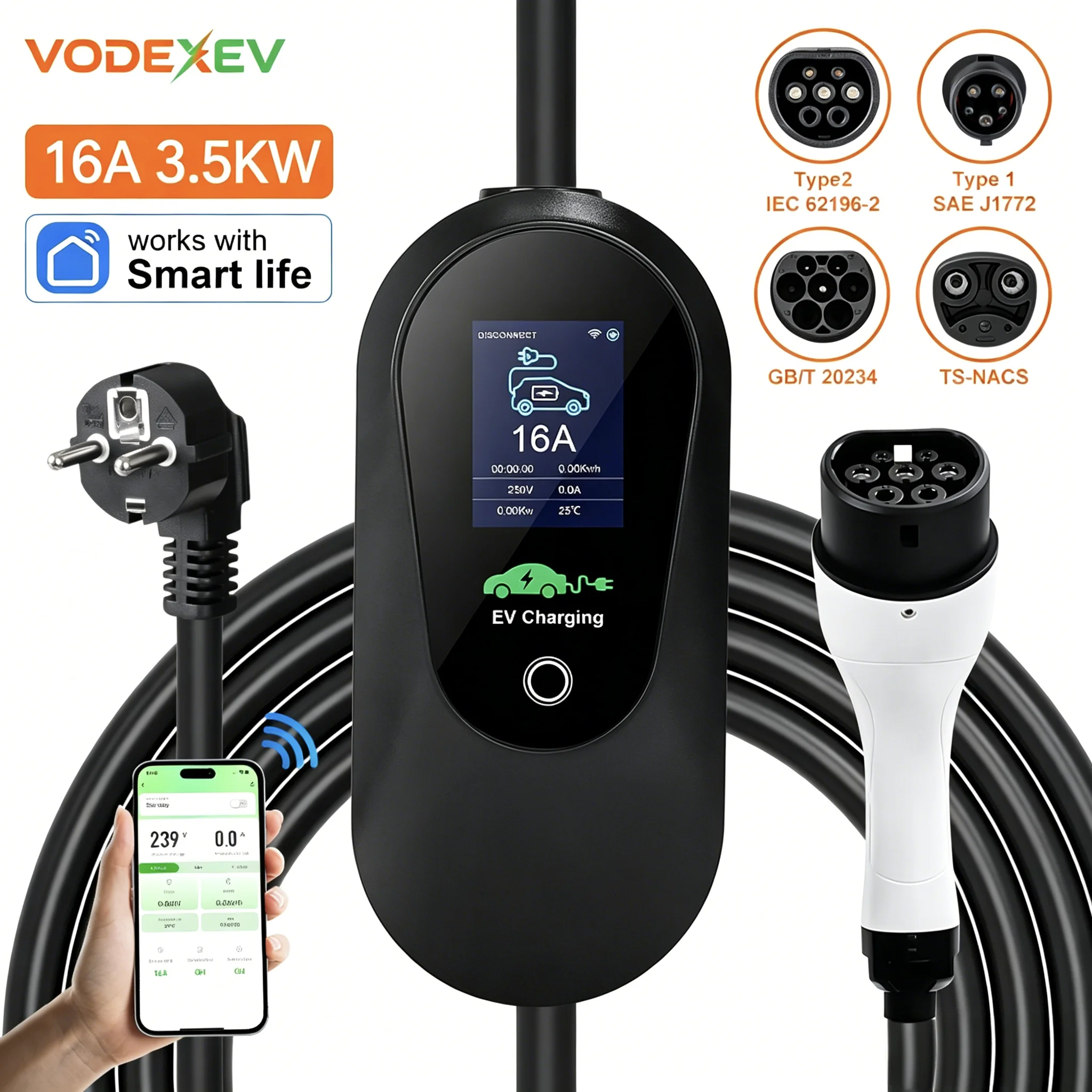VODEXEV Smart Portable EV Charger 3.5KW 16A 1Phase Type1 Type2 GBT Tesla EVSE Wireless APP Remote Control Travel Emergency
VODEXEV Smart Portable EV Charger 3.5KW 16A 1Phase Type1 Type2 GBT Tesla EVSE Wireless APP Remote Control Travel Emergency