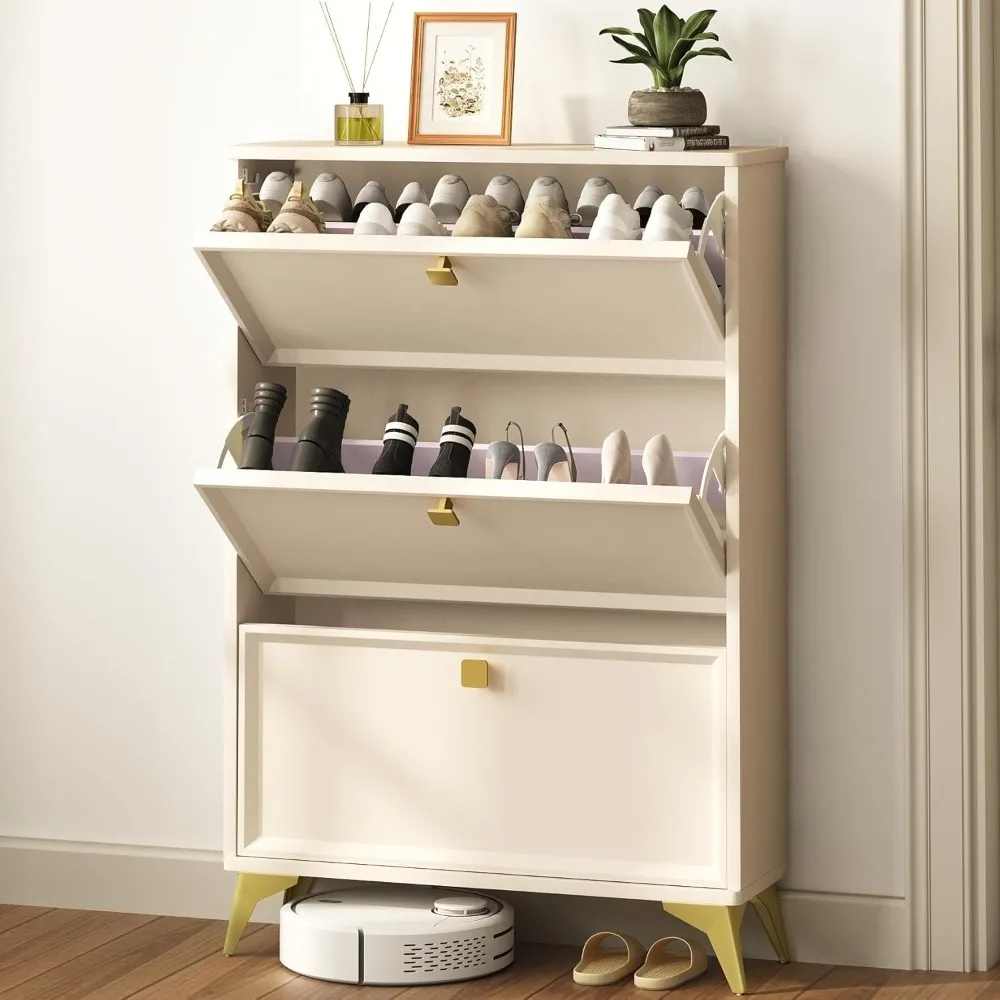 Shoe storage cabinet with 3 flip drawers, 3-tier removable shelves and gold handles, freestanding shoe organizer with metal legs
Shoe storage cabinet with 3 flip drawers, 3-tier removable shelves and gold handles, freestanding shoe organizer with metal legs