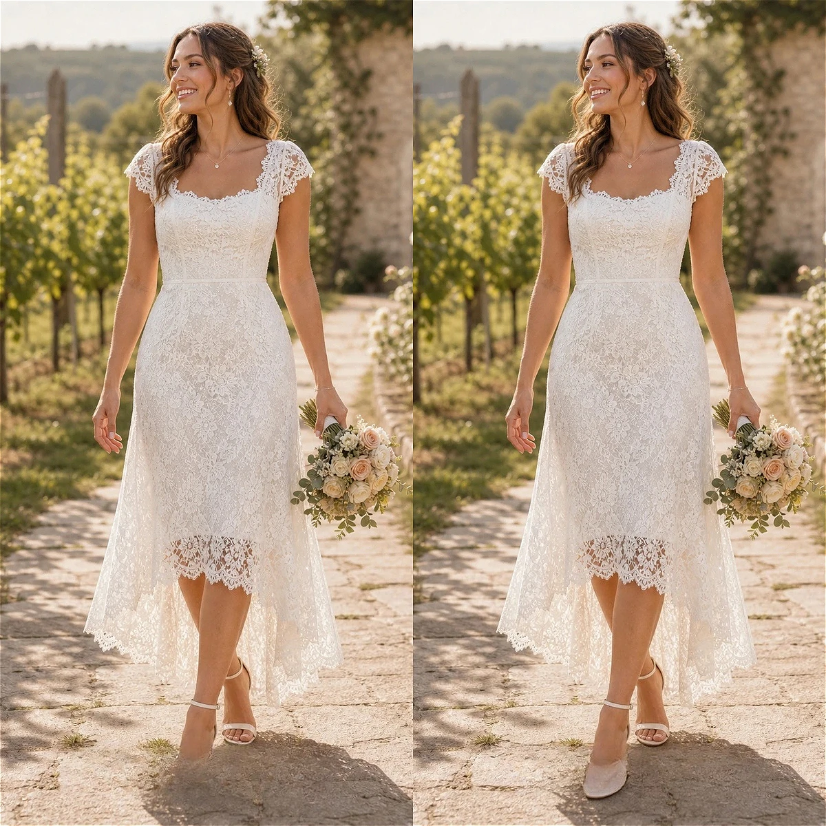 Customized White Square Neck Lace Midi Wedding Dress Cap Sleeve High Low Hem Casual Bridal Dress For Garden Outdoor Wedding
Customized White Square Neck Lace Midi Wedding Dress Cap Sleeve High Low Hem Casual Bridal Dress For Garden Outdoor Wedding