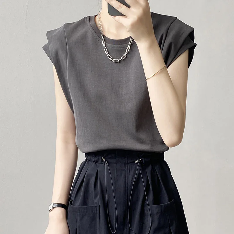 2023 Summer New Women's Sleeveless Round Neck T-Shirt Loose Slim Top Double Layer Stitching Pleats Cuffs Monochromatic 3159
2023 Summer New Women's Sleeveless Round Neck T-Shirt Loose Slim Top Double Layer Stitching Pleats Cuffs Monochromatic 3159