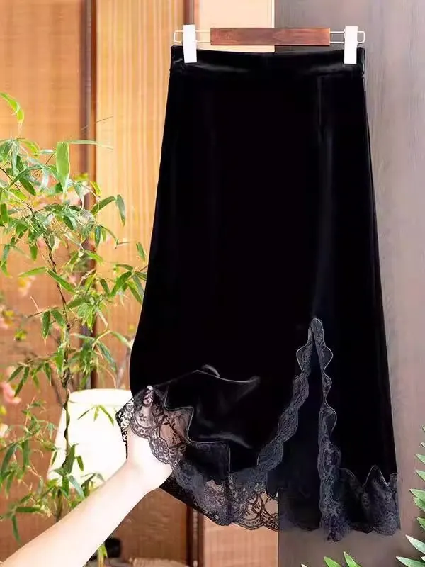plus Size 300 Pounds Lace Patchwork Gold Velvet Split Half Skirt Women's Autumn Winter High Waist A-Line Skirt Casual Style
plus Size 300 Pounds Lace Patchwork Gold Velvet Split Half Skirt Women's Autumn Winter High Waist A-Line Skirt Casual Style