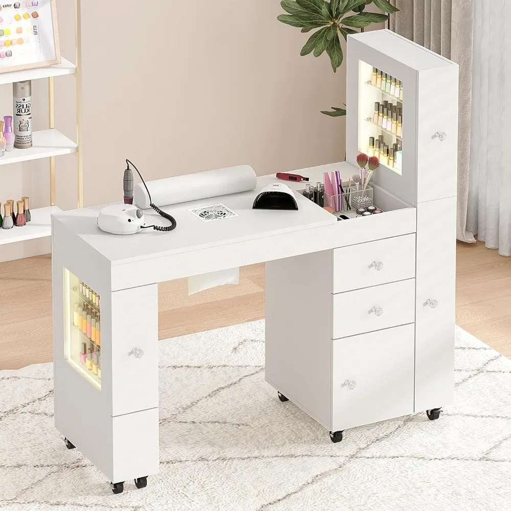 Manicure Table for Nail Tech w/ LED Light Display Cabinet, Nail Desk with Lockable Wheels, Dust Collector, Drawers, Wrist Rest
Manicure Table for Nail Tech w/ LED Light Display Cabinet, Nail Desk with Lockable Wheels, Dust Collector, Drawers, Wrist Rest