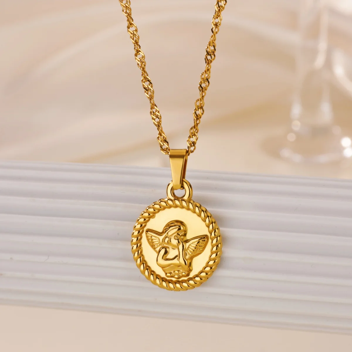 Vintage Geometric Angel Pendant Necklaces for Women Stainless Steel Gold Color Chain Collar Necklace Fashion Wedding Jewelry
Vintage Geometric Angel Pendant Necklaces for Women Stainless Steel Gold Color Chain Collar Necklace Fashion Wedding Jewelry