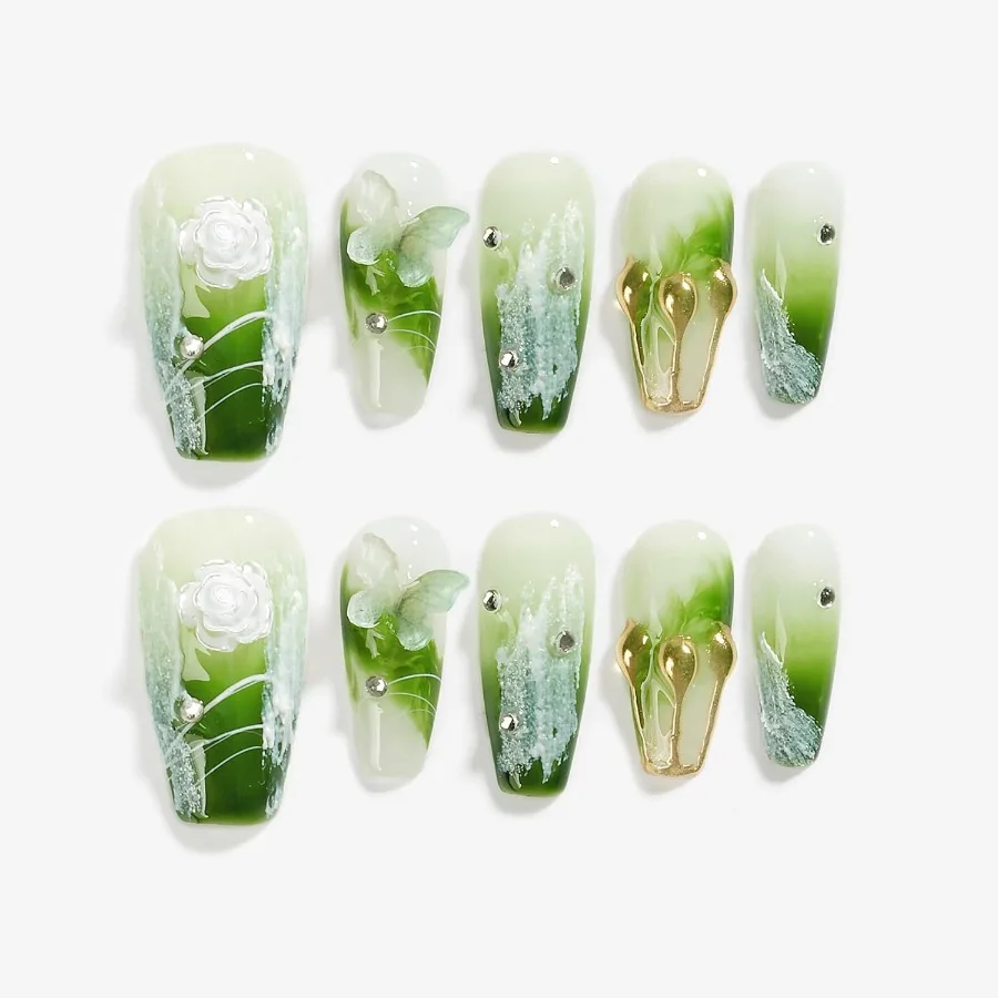 Handmade Press On Nails Medium Long Coffin Shape Ballerina Green Flower Butterfly 3D Design Art Charms Cute Fake Nail Tips with
Handmade Press On Nails Medium Long Coffin Shape Ballerina Green Flower Butterfly 3D Design Art Charms Cute Fake Nail Tips with