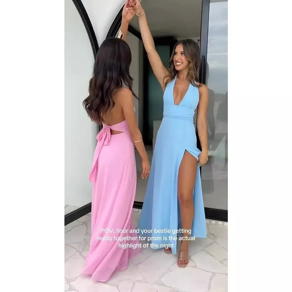 Spring Women's Clothing New Fashion High Temperament Neck Sexy Split Tie Solid Color Dress Women
Spring Women's Clothing New Fashion High Temperament Neck Sexy Split Tie Solid Color Dress Women