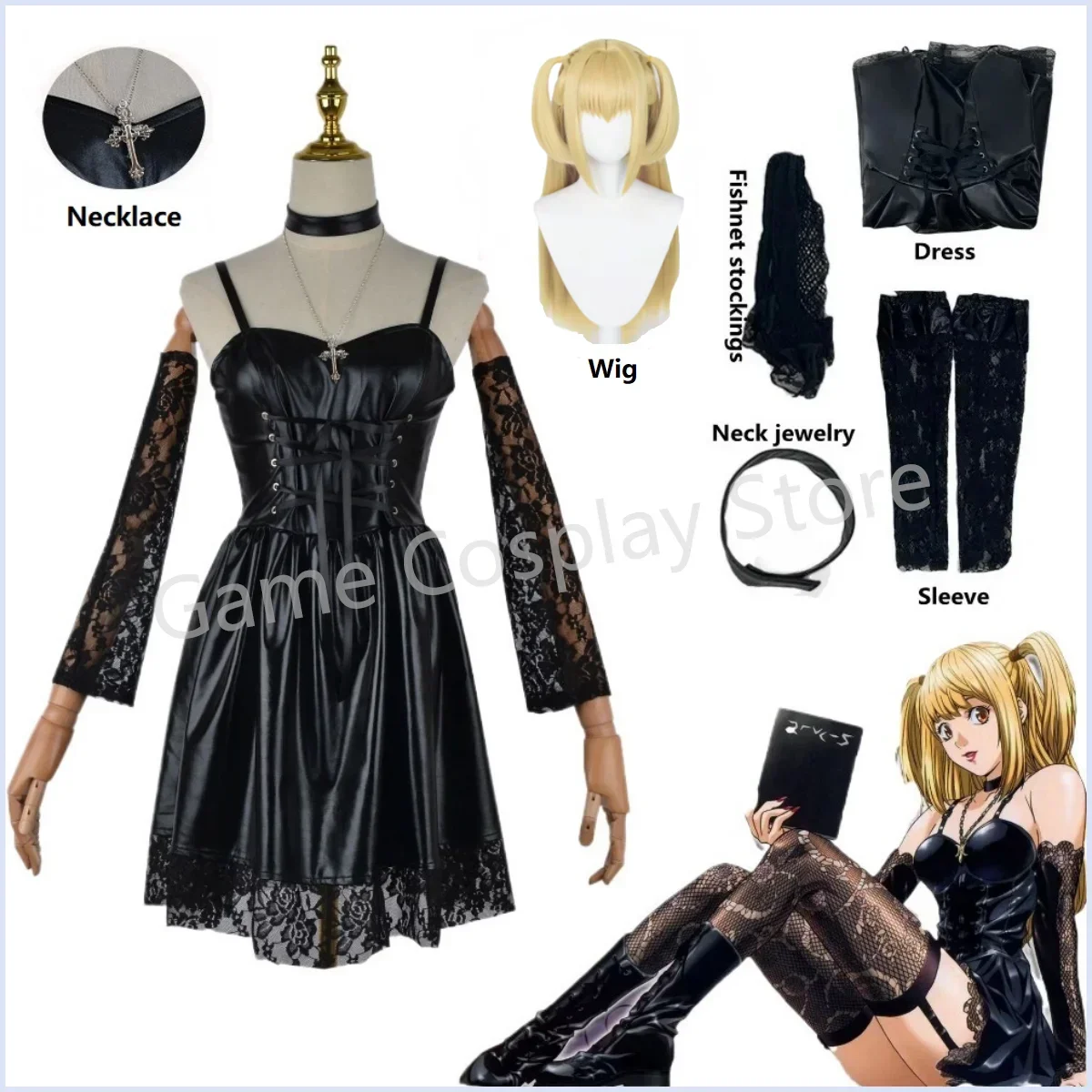 Костюм для косплея Death Note Misa Amane, сексуальное платье из искусственной кожи + украшения на шею + чулки + ожерелье, униформа, парик на Хэллоуин
Костюм для косплея Death Note Misa Amane, сексуальное платье из искусственной кожи + украшения на шею + чулки + ожерелье, униформа, парик на Хэллоуин