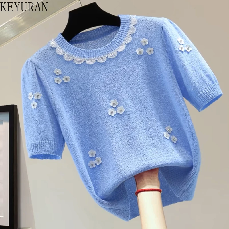 Flower Diamonds Ice Silk Knit T-shirt Women 2025 New Summer Cut Lace Short Sleeved Knitted Sweater Pullover Knitwear Tops Jumper
Flower Diamonds Ice Silk Knit T-shirt Women 2025 New Summer Cut Lace Short Sleeved Knitted Sweater Pullover Knitwear Tops Jumper