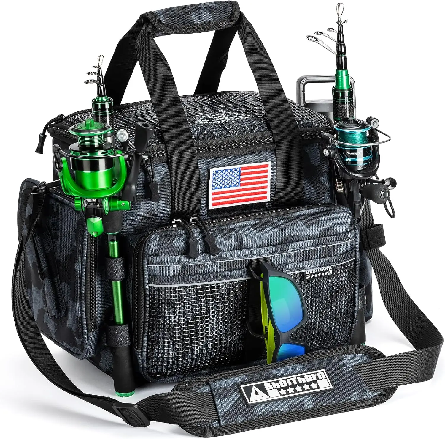 Fishing Tackle Bag with Rod Holder, Waterproof Black Camo Tackle Box with Adjustable Shoulder Strap
Fishing Tackle Bag with Rod Holder, Waterproof Black Camo Tackle Box with Adjustable Shoulder Strap