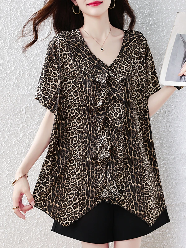 V-Neck Leopard Print Short Sleeve Loose Chiffon Shirt Women's Retro Style Summer Top Brand New Fashion Ladies' Blouse
V-Neck Leopard Print Short Sleeve Loose Chiffon Shirt Women's Retro Style Summer Top Brand New Fashion Ladies' Blouse