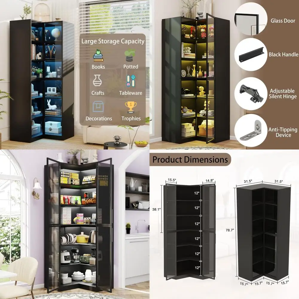 Tall Bookcase with Storage: 79" Black L Shaped Bookshel with 4 Glass Do, 6 Tiers Bookcases with Light, Wooden Book Shel or Livin
Tall Bookcase with Storage: 79" Black L Shaped Bookshel with 4 Glass Do, 6 Tiers Bookcases with Light, Wooden Book Shel or Livin