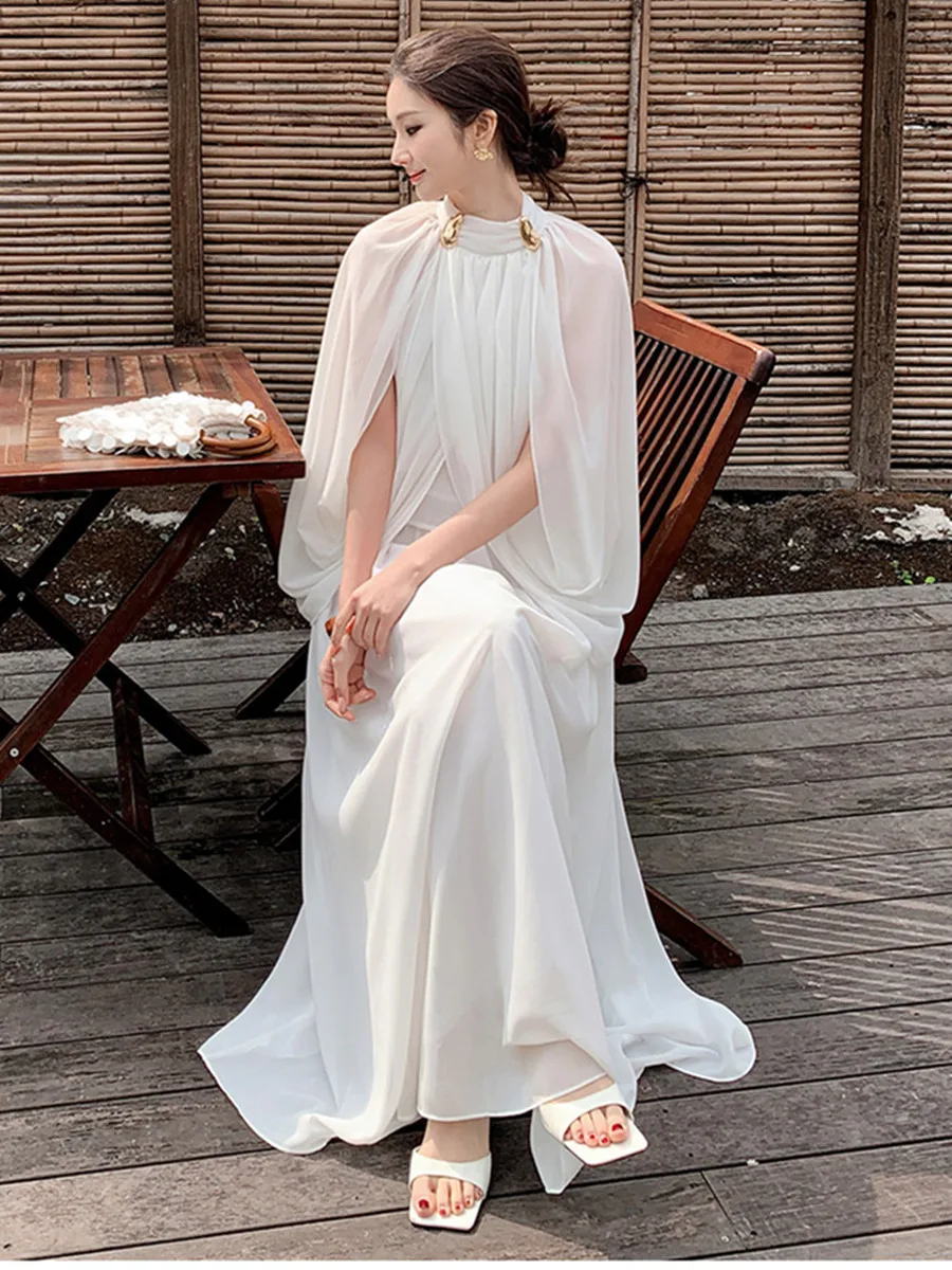 Summer Romantic Solid-Color Chiffon Two-Piece Set For Women Elegant Half-Turtleneck Cape Top and Long Skirt Suits Female
Summer Romantic Solid-Color Chiffon Two-Piece Set For Women Elegant Half-Turtleneck Cape Top and Long Skirt Suits Female