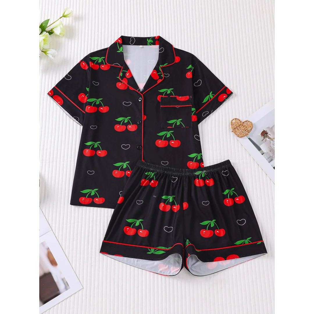 Summer Women's Pajamas with Cherry Print Lapel Short Sleeve Shorts Pants Loungewear Home Wear Set Vacation Easter Gifts
Summer Women's Pajamas with Cherry Print Lapel Short Sleeve Shorts Pants Loungewear Home Wear Set Vacation Easter Gifts