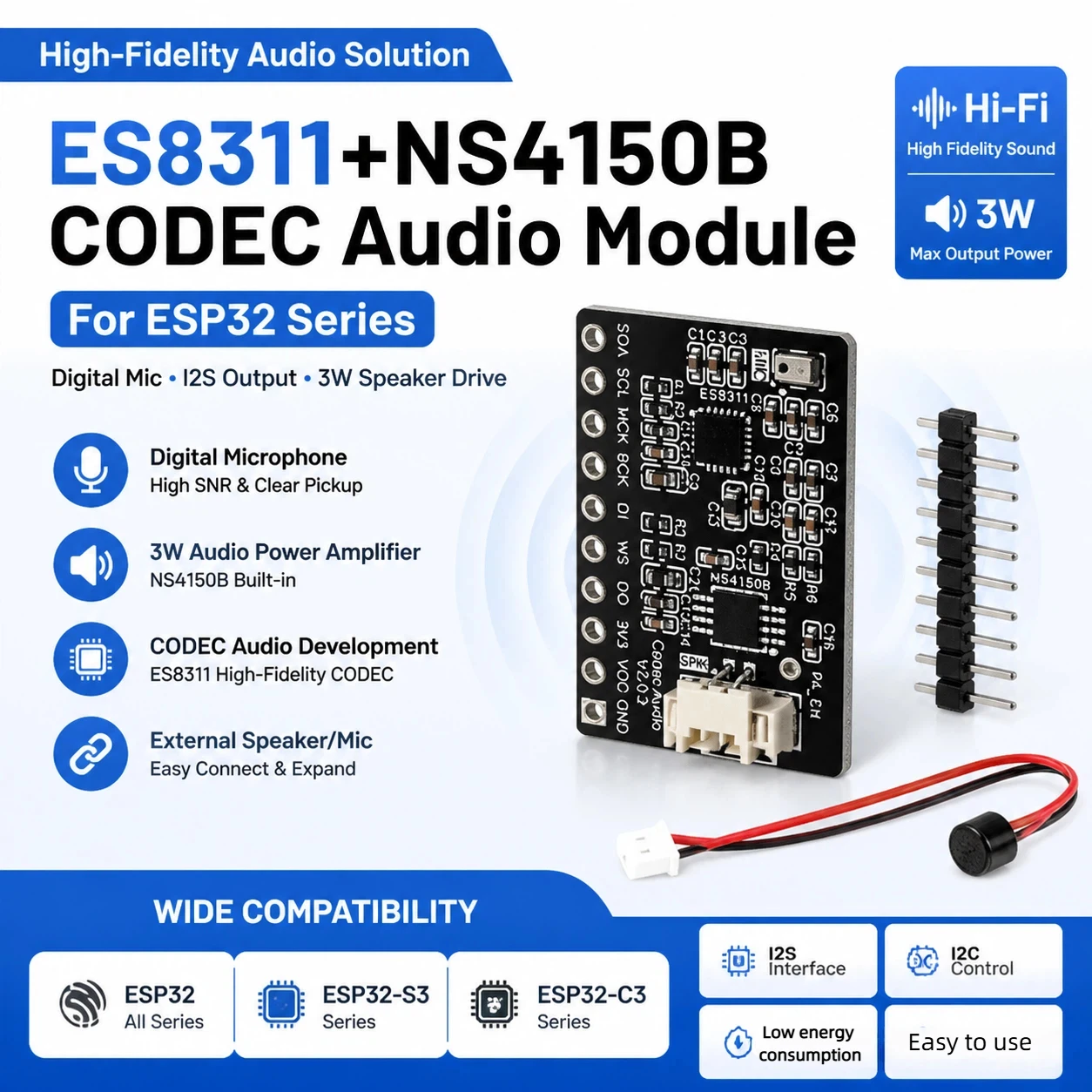 ES8311 NS4150B 3W CODEC Audio Amplifier Module Digital Mic Speaker Board For ESP32 C3 S3 I2S I2C Interface
ES8311 NS4150B 3W CODEC Audio Amplifier Module Digital Mic Speaker Board For ESP32 C3 S3 I2S I2C Interface