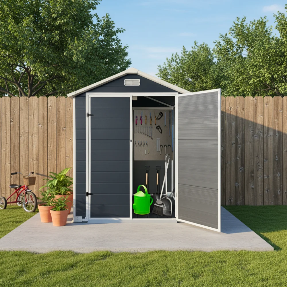 6ft x 4ft Plastic Outdoor Storage with Floor and Lockable Door Plastic Garden Shed for Backyard, Lawn, Cold Grey
6ft x 4ft Plastic Outdoor Storage with Floor and Lockable Door Plastic Garden Shed for Backyard, Lawn, Cold Grey