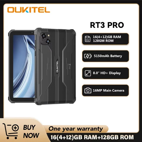 Oukitel RT3 PRO 5150mAhバッテリー 8インチHDディスプレイタブレット 13.9mm超薄型プロファイル IP68 & IP69K & MIL-STD-810H、16(4+12)GB +128GB