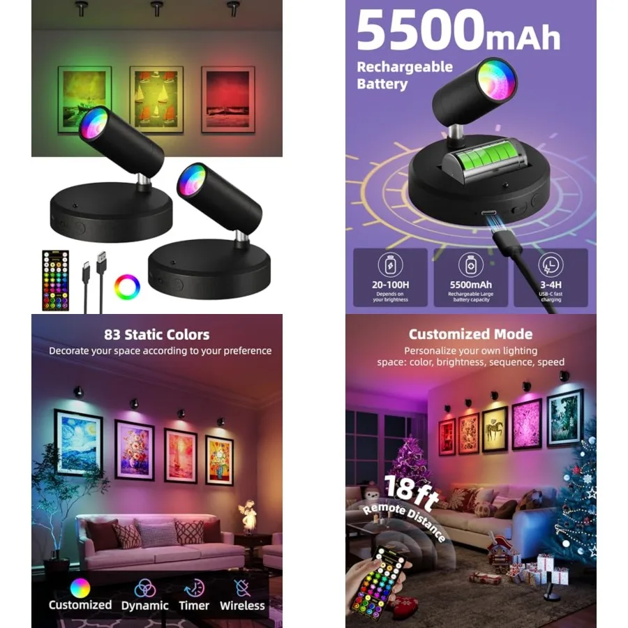 RGB Spotlights Indoor with Remote, 5500mAh Rechargeable Picture Lights, DIY Mode and 83 Color Changing Uplighting, Wireless Min
RGB Spotlights Indoor with Remote, 5500mAh Rechargeable Picture Lights, DIY Mode and 83 Color Changing Uplighting, Wireless Min