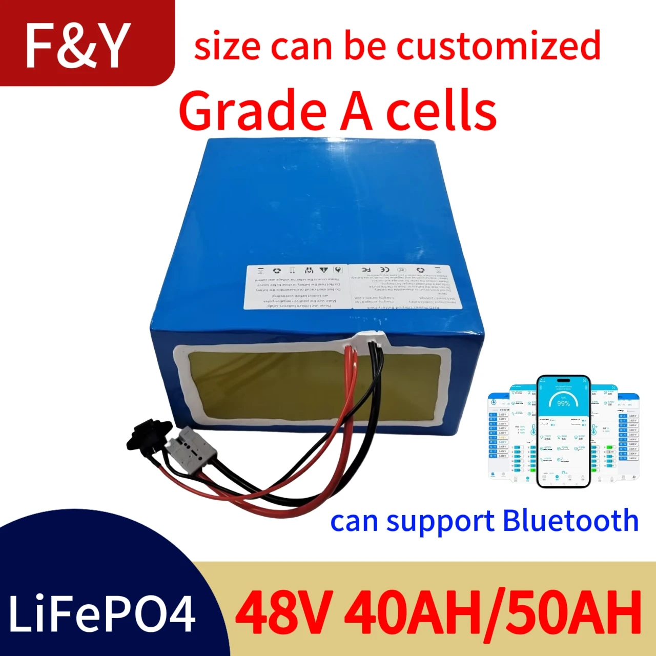 F&Y 48V 50Ah Lifepo4 48v 40AH lithium battery Bluetooth BMS APP 16S for 2000w Scooter bike tricycle boat go cart +5A charger
F&Y 48V 50Ah Lifepo4 48v 40AH lithium battery Bluetooth BMS APP 16S for 2000w Scooter bike tricycle boat go cart +5A charger