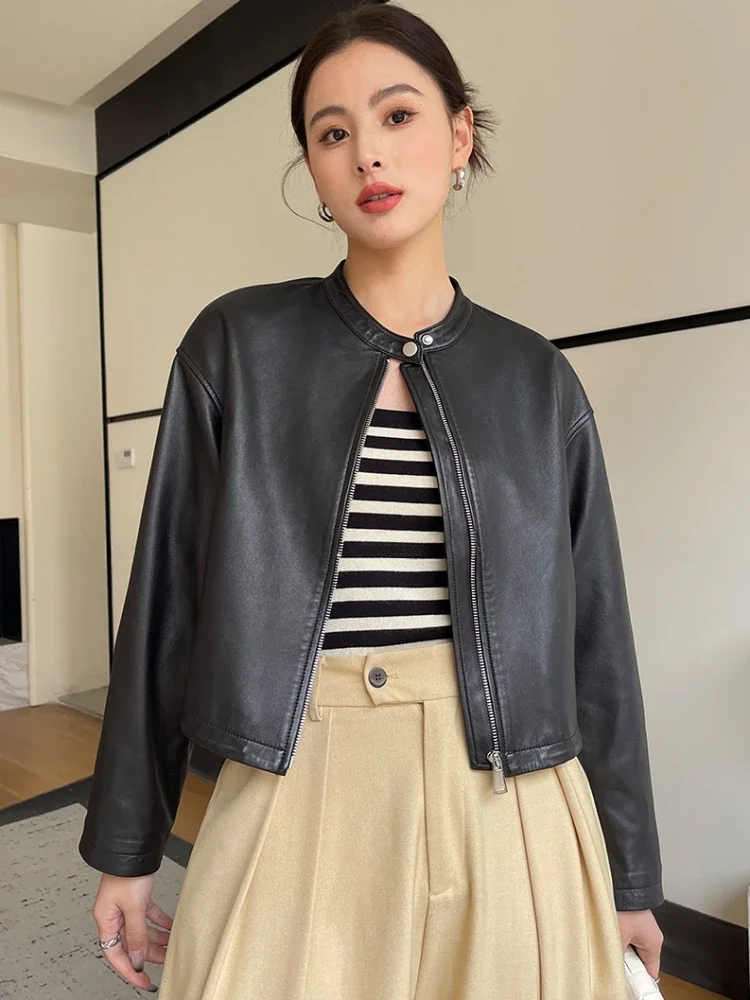 Vintage Short Genuine Leather Motorcycle Jackets for Women Simple Stand Collar Solid Soft Slim Real Sheepskin Coat jaqueta couro
Vintage Short Genuine Leather Motorcycle Jackets for Women Simple Stand Collar Solid Soft Slim Real Sheepskin Coat jaqueta couro