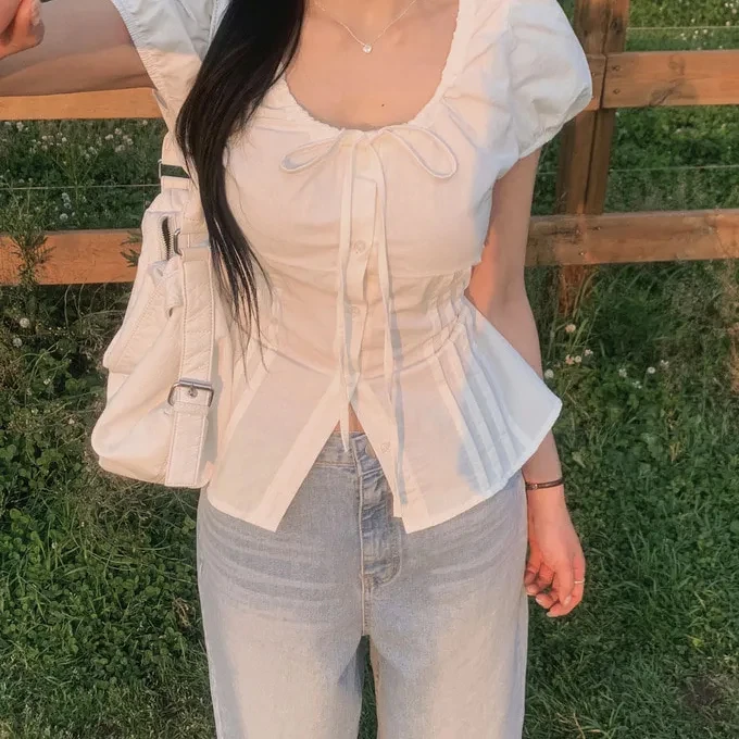 Slim Fit Short Sleeve Shirt with Puff Sleeves And Knot Waist Cinching Women's Fashion Casual Shirt Summer 2026
Slim Fit Short Sleeve Shirt with Puff Sleeves And Knot Waist Cinching Women's Fashion Casual Shirt Summer 2026