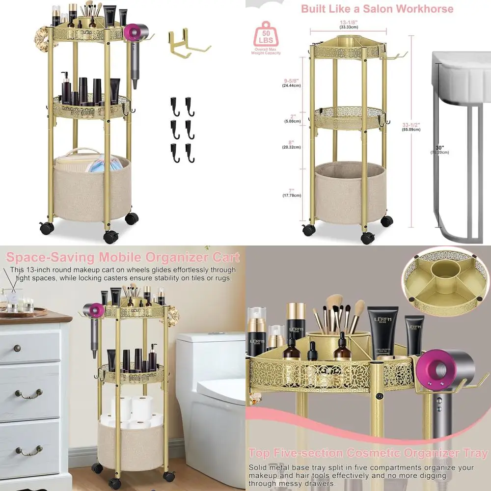 3-Tier Rolling Makeup Organizer with Hair Dryer Holder - Premium Cosmetic Storage Cart for Bathroom or Vanity, Locking Wheels (G
3-Tier Rolling Makeup Organizer with Hair Dryer Holder - Premium Cosmetic Storage Cart for Bathroom or Vanity, Locking Wheels (G