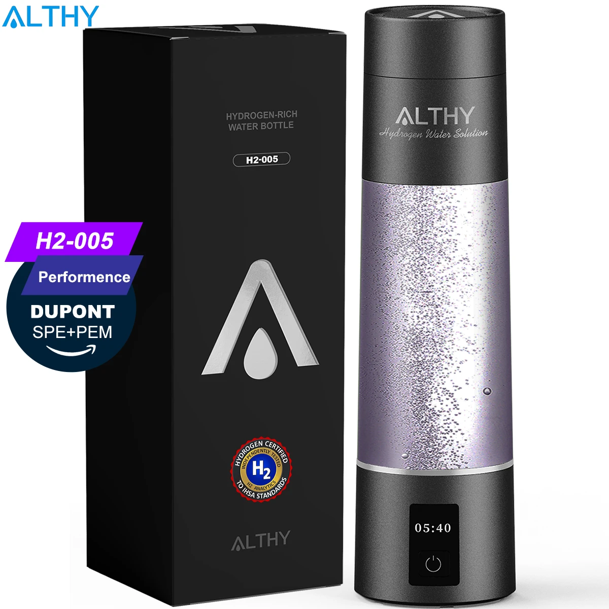 ALTHY Performance Molecular Hydrogen Water Generator Bottle DuPont SPE&PEM Dual Chamber lonizer + Charging&Time Display
ALTHY Performance Molecular Hydrogen Water Generator Bottle DuPont SPE&PEM Dual Chamber lonizer + Charging&Time Display