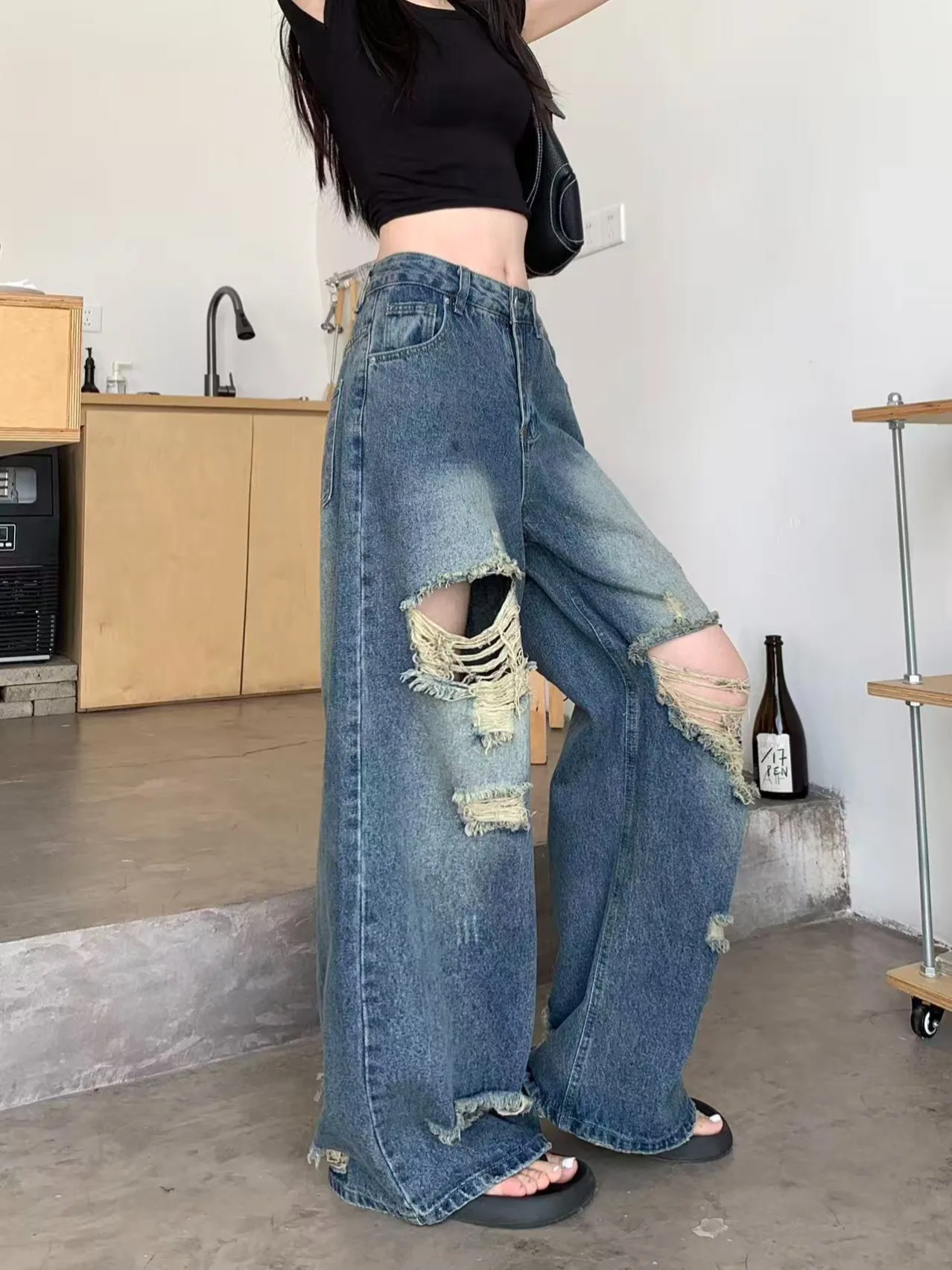 Retro American Blue Hole Denim Pants Women's High Waist Slim Wide Leg Pants Summer Casual Style High Elasticity No Brand
Retro American Blue Hole Denim Pants Women's High Waist Slim Wide Leg Pants Summer Casual Style High Elasticity No Brand
