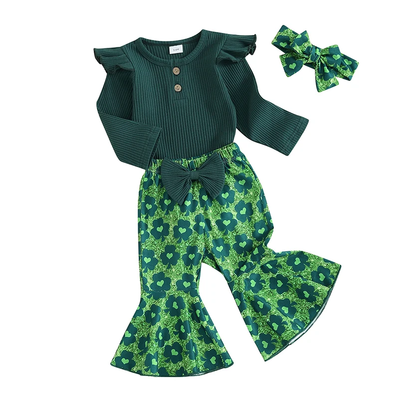 Baby Girls Irish Day Outfits Long Sleeve Ribbed Romper + Flare Pants + Headband Set Infant Clothes
Baby Girls Irish Day Outfits Long Sleeve Ribbed Romper + Flare Pants + Headband Set Infant Clothes