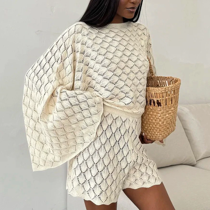 Women's O-neck Long Sleeved Top with Shorts Two Piece Set Spring Summer Holiday Casual Outfit Fashion Knitted Beach Suits
Women's O-neck Long Sleeved Top with Shorts Two Piece Set Spring Summer Holiday Casual Outfit Fashion Knitted Beach Suits