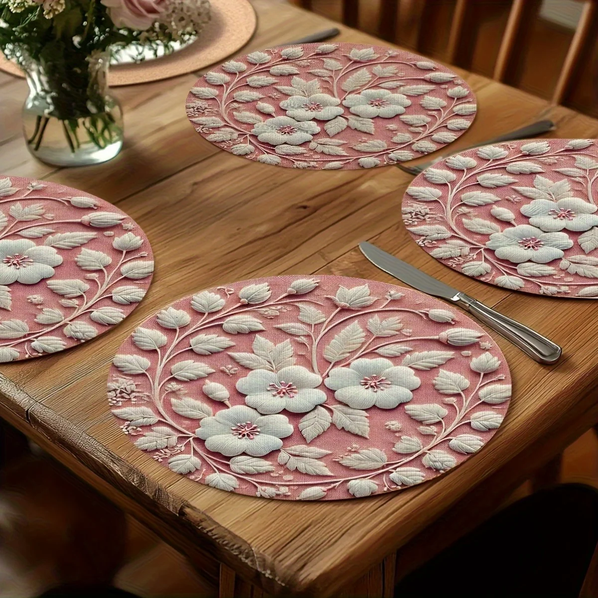 4-Piece spring embroidered lace pink flower round placemat | Perfect for holiday, home decor, kitchen, banquet and party dining decor, kitchen cloth set, 15 x 15, polyester
4-Piece spring embroidered lace pink flower round placemat | Perfect for holiday, home decor, kitchen, banquet and party dining decor, kitchen cloth set, 15 x 15, polyester