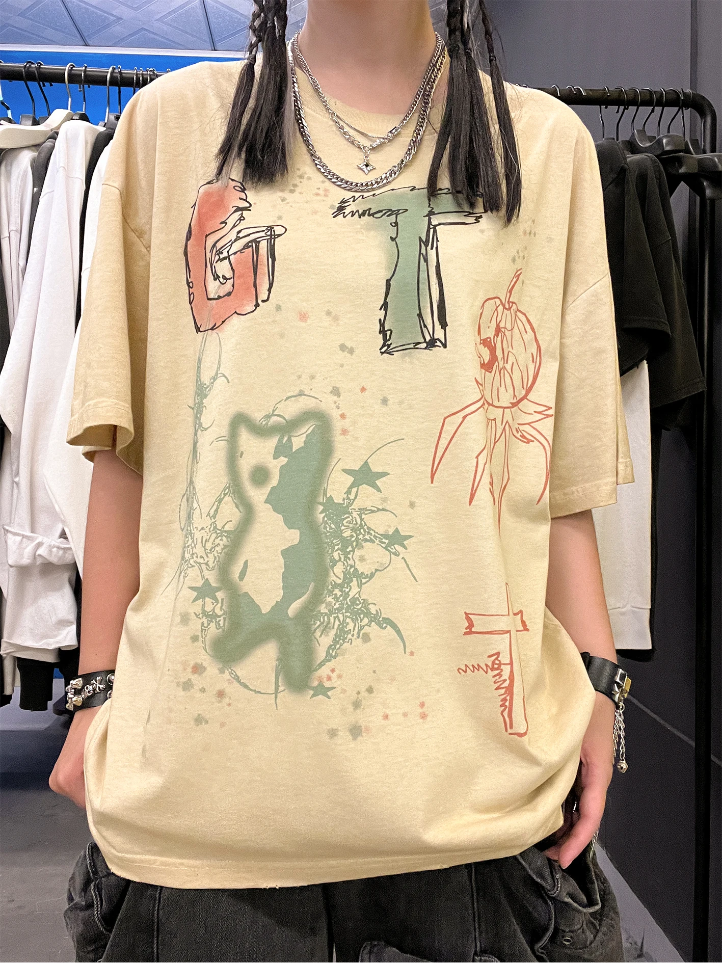 Vintage T-Shirt Short Sleeve Letter Monster Tease Light Tansy Color Wáng Yǒu Bìng Studio Share Heart's Desires
Vintage T-Shirt Short Sleeve Letter Monster Tease Light Tansy Color Wáng Yǒu Bìng Studio Share Heart's Desires