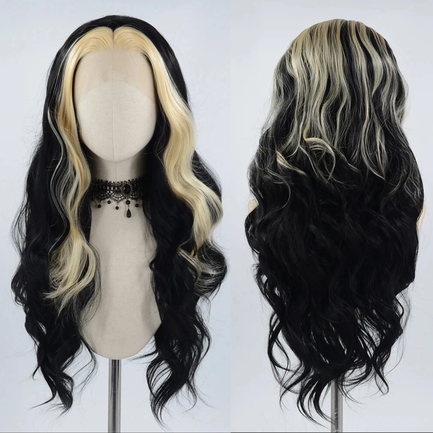 Black Wig with Blonde Highlights 13x4 Long Body Wave Synthetic Lace Front Wig Natural Hairline Daily Use Halloween Cosplay Wig
Black Wig with Blonde Highlights 13x4 Long Body Wave Synthetic Lace Front Wig Natural Hairline Daily Use Halloween Cosplay Wig