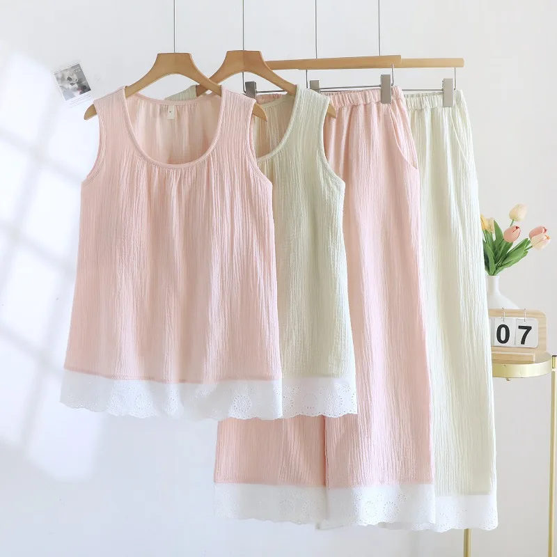 Women's Summer Lightweight Double Gauze Cotton Sleeveless Tank & Pants Set with Built-in Bra & Lace Trim Loungewear.
Women's Summer Lightweight Double Gauze Cotton Sleeveless Tank & Pants Set with Built-in Bra & Lace Trim Loungewear.