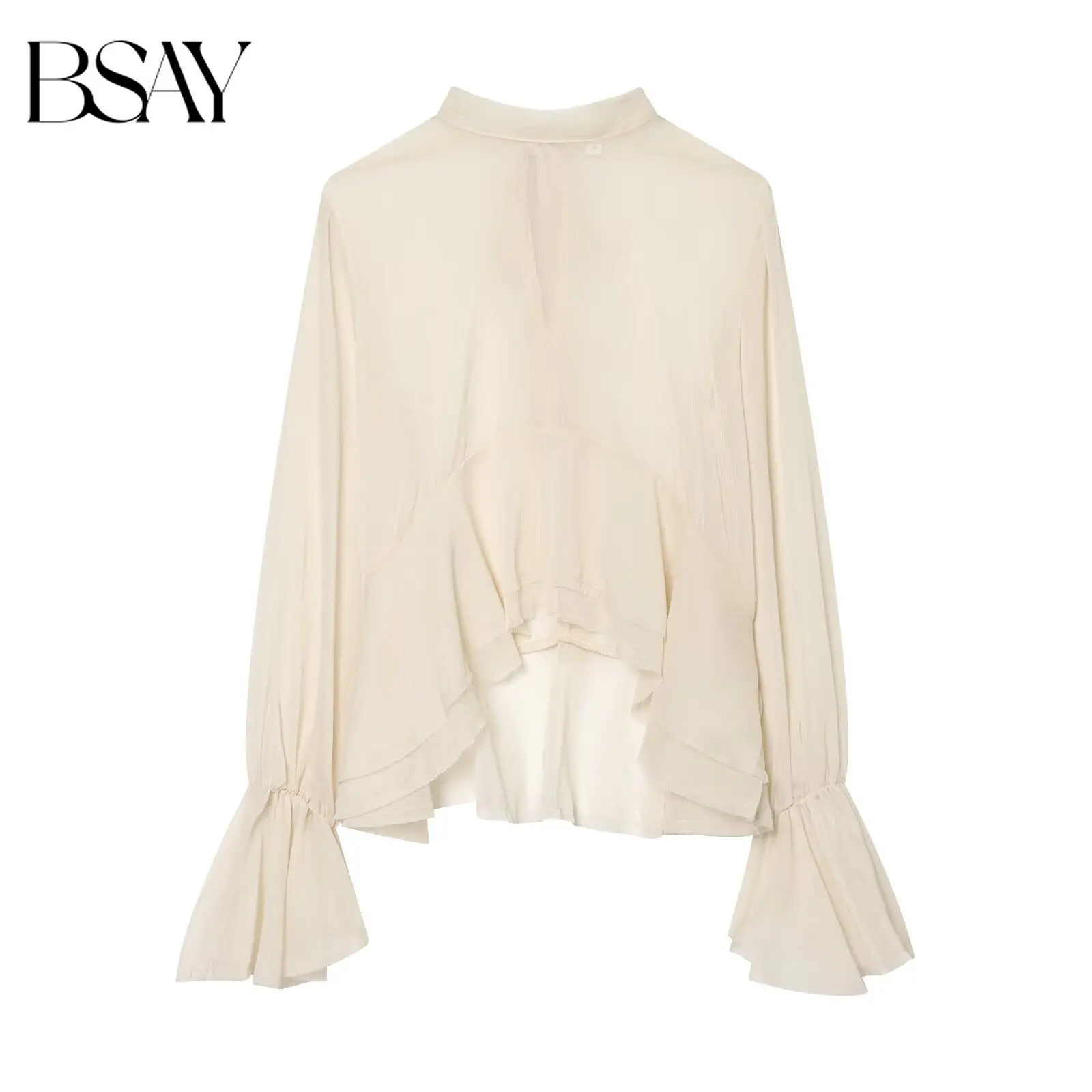 BSAY Women's Beige Sheer Shirt High Neck Flare Sleeve Blouses New 2026 Asymmetrical Ruffle Hem Casual Chic Ladies Tops Mujer
BSAY Women's Beige Sheer Shirt High Neck Flare Sleeve Blouses New 2026 Asymmetrical Ruffle Hem Casual Chic Ladies Tops Mujer