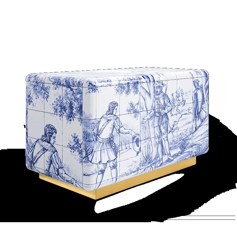 Hand painted tile bedside table Luxury modern bedroom furniture Brass base bedside table with two drawers
Hand painted tile bedside table Luxury modern bedroom furniture Brass base bedside table with two drawers