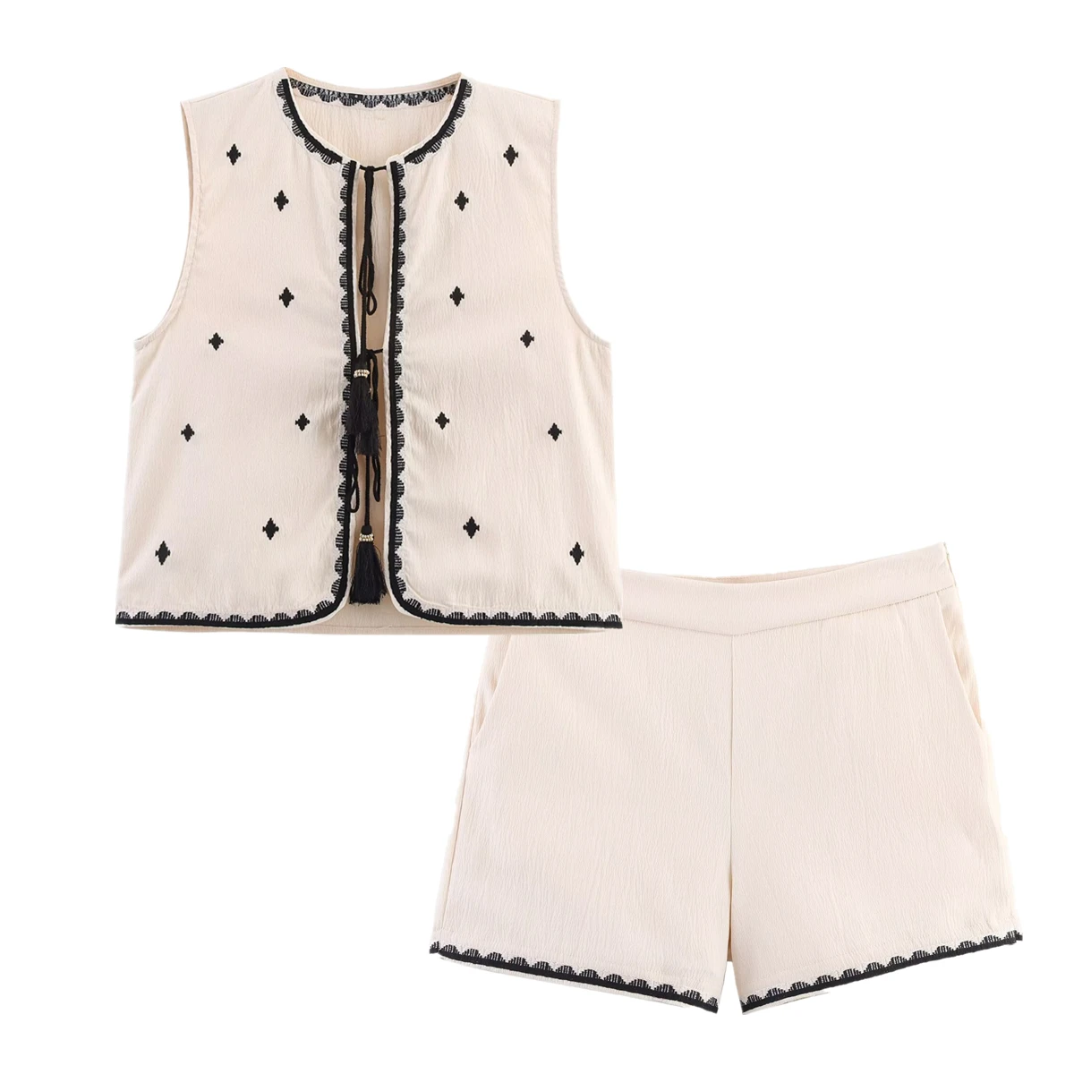 Withered French Bohemian Embroidered Tassel Vest Top Summer Bermuda Shorts Suit Women Two Pieces Sets
Withered French Bohemian Embroidered Tassel Vest Top Summer Bermuda Shorts Suit Women Two Pieces Sets