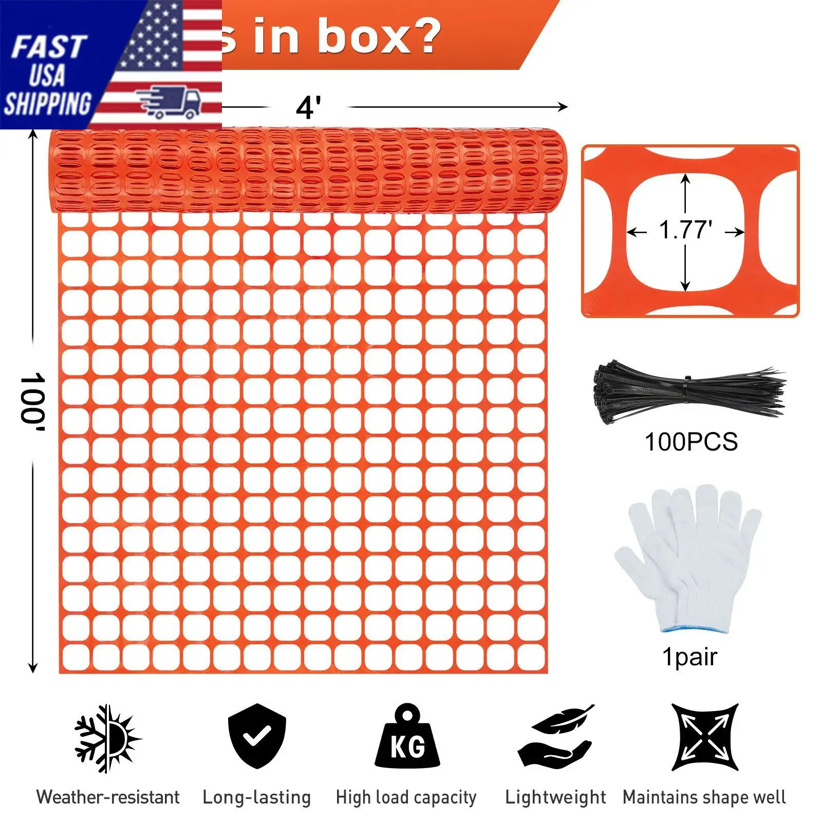 Safety Fence 4'x100' with 100 Zip Ties, Plastic Mesh Fencing Roll, Temporary Reusable Netting for Snow Fence, Garden, Constructi
Safety Fence 4'x100' with 100 Zip Ties, Plastic Mesh Fencing Roll, Temporary Reusable Netting for Snow Fence, Garden, Constructi