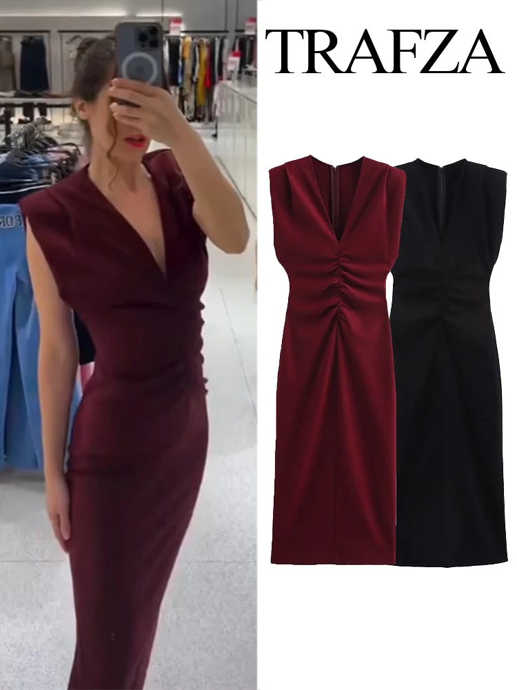 TRAFZA 2025 Summer New Women Fashion V Neck Tight Midi Sleeveless Dress Female Sexy Elegant Hot Evening Dress 2-Color Vestidos
TRAFZA 2025 Summer New Women Fashion V Neck Tight Midi Sleeveless Dress Female Sexy Elegant Hot Evening Dress 2-Color Vestidos